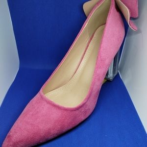 Barbie-Core Pink Suede Pumps Bow/Lucite Chunk Heel Size 9/40